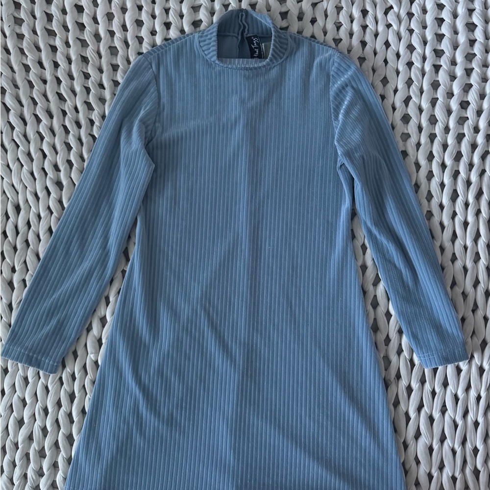 ✨VTG✨ 1970’s All that Jazz Blue Ribbed Velvet Long-Sleeve Mock Neck Dress